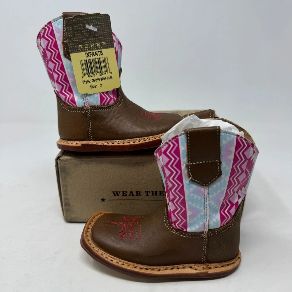 Roper Infant‎ Girls Cowbabies Aztec Leather Cowboy Boots Pink Size 2